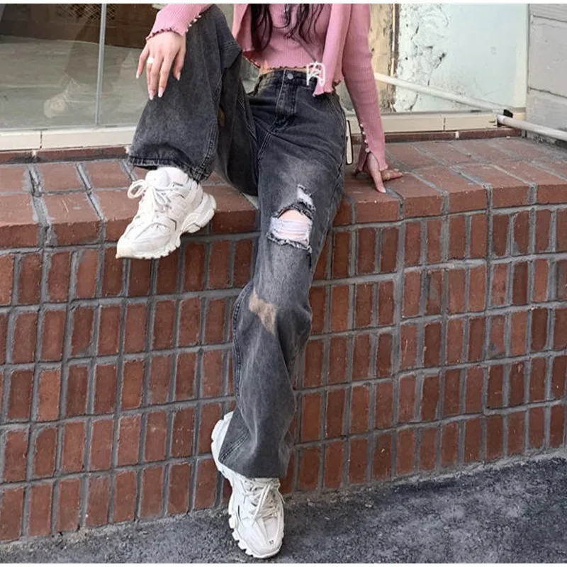 Vintage Y2k Hollow Out Jeans Fashion Zipper High Waist Jeans Harajuku Chic Holes Trousers Spring Autumn Female Wide Leg Pants low rise jeans