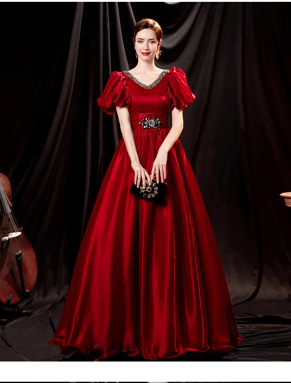 long evening dress SSYFashion New Luxury Red Satin Evening Dress Vintage Princess V-neck Puff Sleeve A-line Beading Long Prom Formal Gown for Women evening wear for women