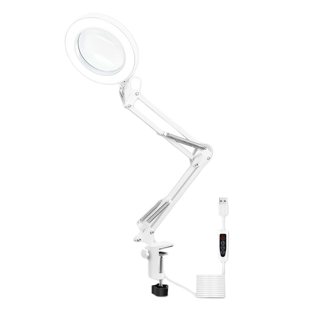 LED Reading Lamp 5X Magnifying Glass Light Clamp on Magnifier Lens Flexible Adjustable Swivel Arm 105mm Diamter, Clamp on