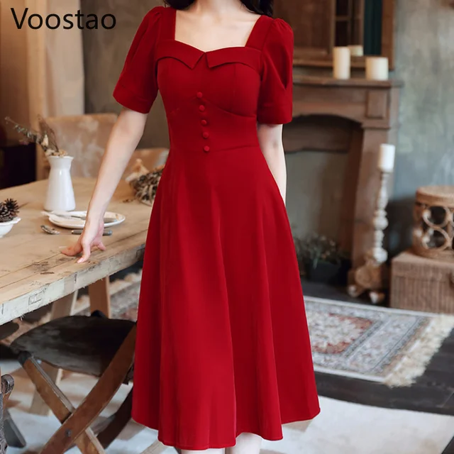 Vestidos franceses retrô decote quadrado malha moda vestido delicado  elegantes cor sólida retrô feminino (cor: vermelho, tamanho: código m)  (código m vermelho)