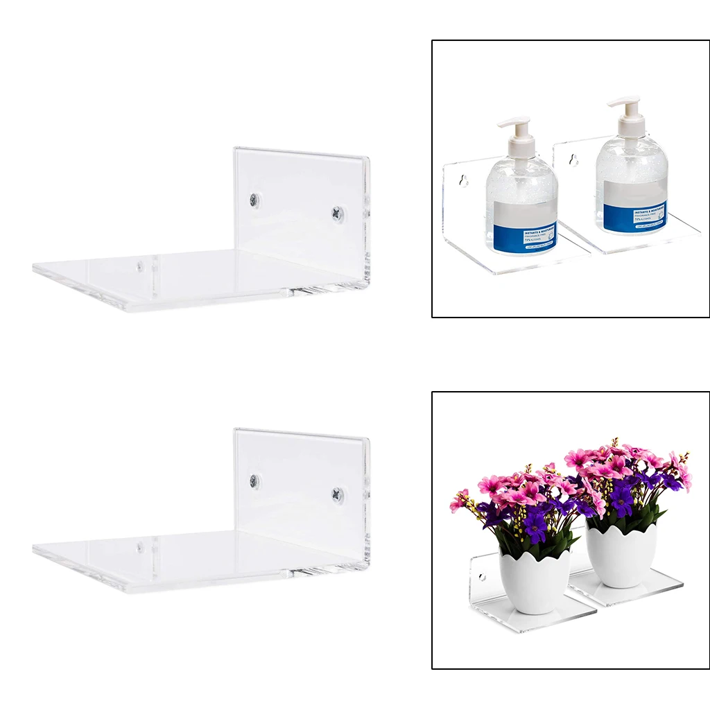 2x Kitchen Small 10cm Clear Acrylic Floating Wall Shelves Wall Mounted Ledge Organizer