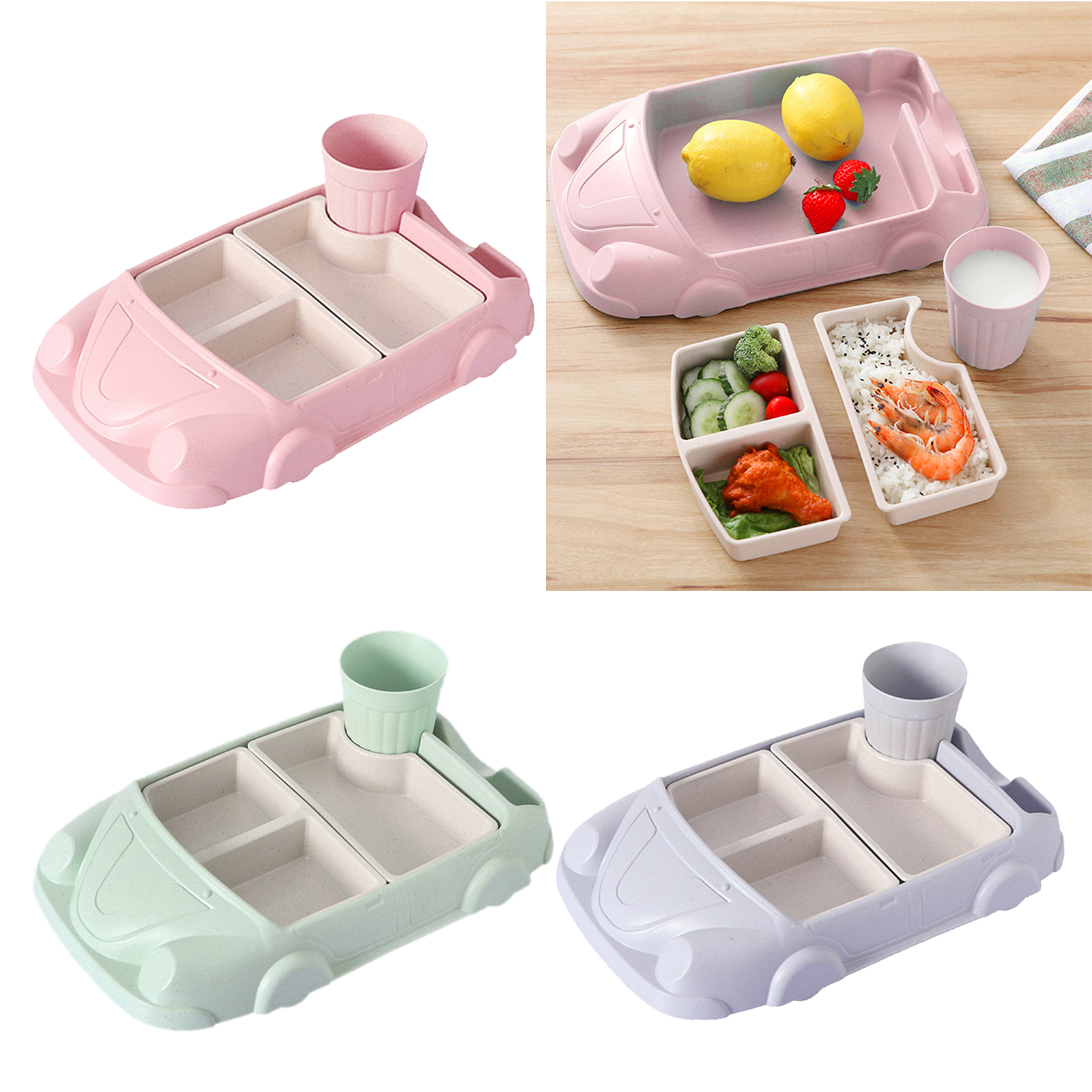 Cartoon Car-Shaped Bamboo Dinner Set 4 Piece Set for Kids and Toddlers Plate