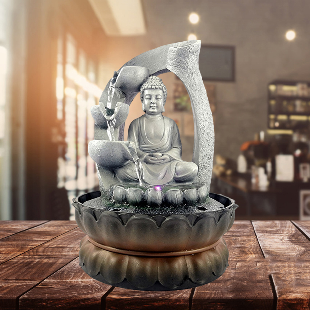 Buddha Tabletop Fountain LED Lights Desktop Zen Water Fengshui Meditation Relaxing Calming Waterfall Patio Home Sculpture Decor