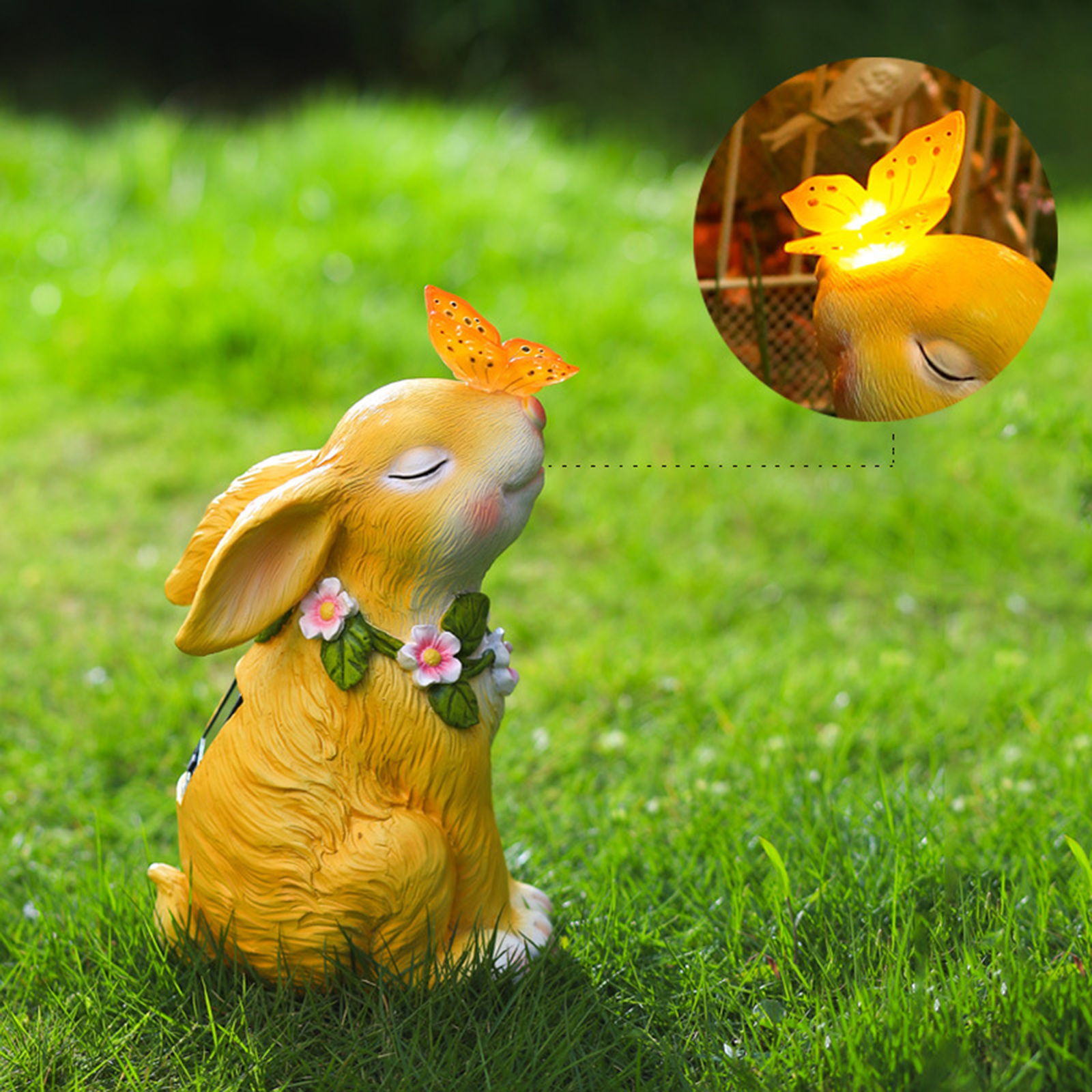 Garden Statue Solar LED Light Adorable Rabbit Figurine Sculpture Ornament for Outdoor Patio Yard Lawn