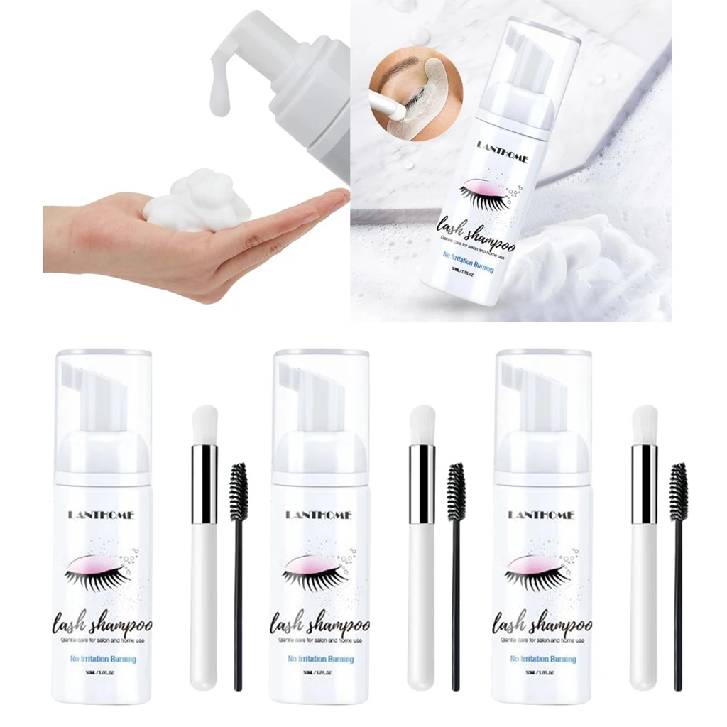 3x Shampoo Eyelash Extension 50ml Salon Eyelash Cleansing Foam Gentle No Stimulation Eyelash Extensions Brush Shampoo Kit