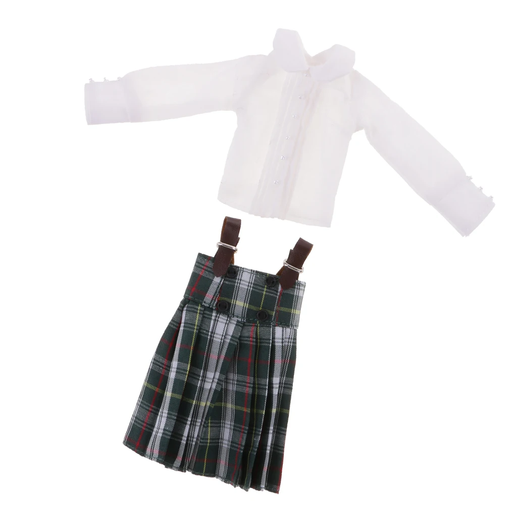 Adorable White Shirt & Plaid Suspender Dress for 12`` Blythe Azone Doll ACCS