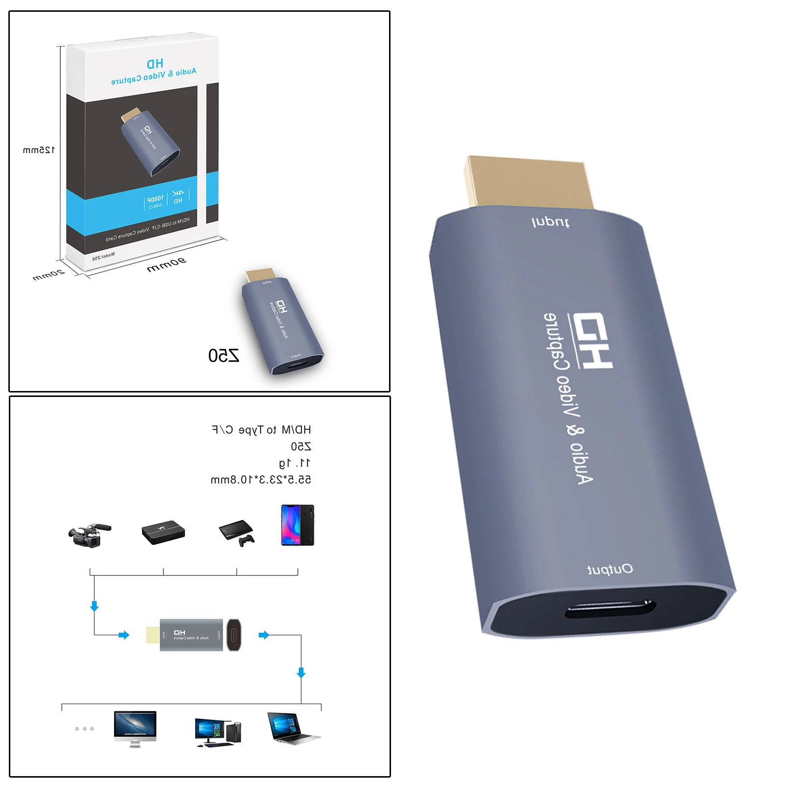 HD to Type C Audio Video Capture Card, USB-C 4K 1080P for Live Streaming Recording for PC Phone