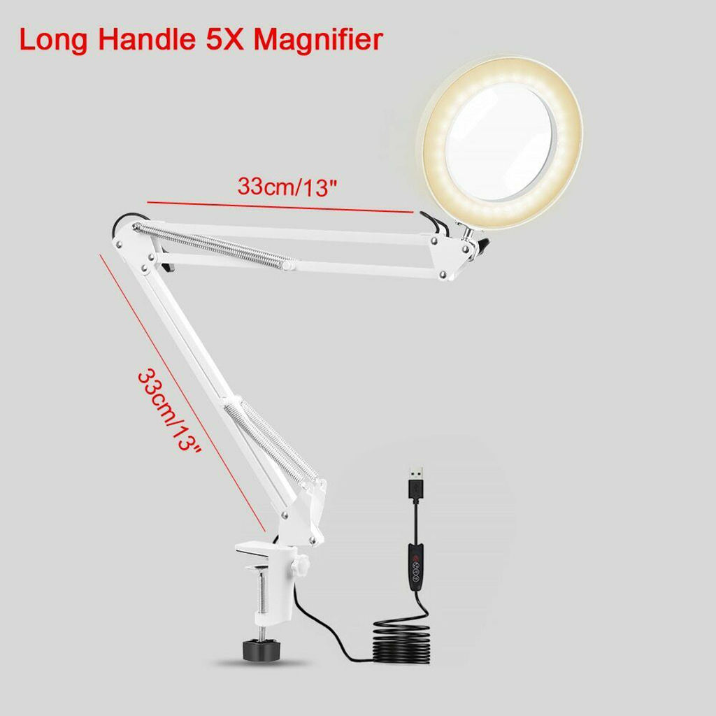 LED Reading Lamp 5X Magnifying Glass Light Clamp on Magnifier Lens Flexible Adjustable Swivel Arm 105mm Diamter, Clamp on