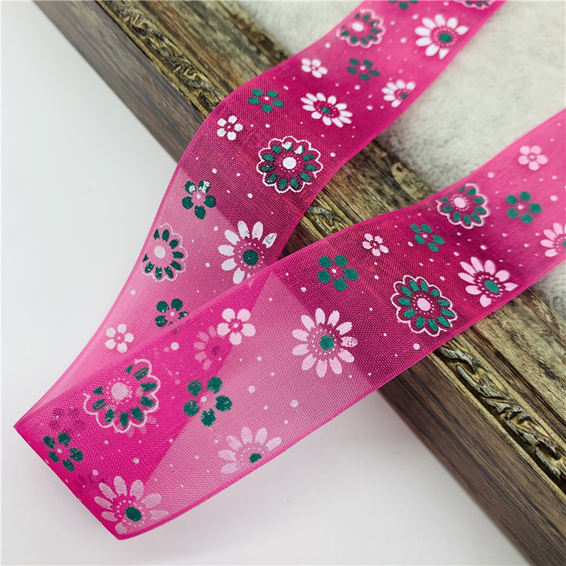 Description Picture 4 of item5yards/Lot 25mm Organza Ribbon Printing Flower Ribbon For Bow Hair Wedding Christmas Decoration Lace Crafts DIY Gift Package