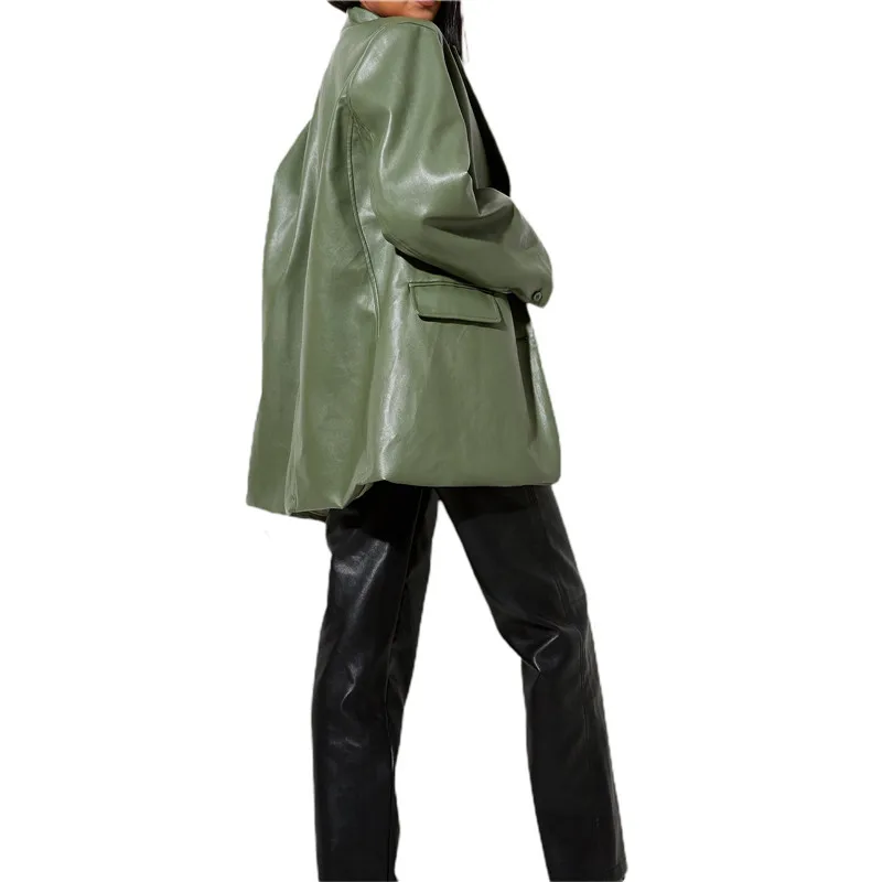 Women Faux Leather Blazer Y2k Vintage Boyfriend PU Jacket Shacket Long Sleeve Button Down Coat Streetwear down coats