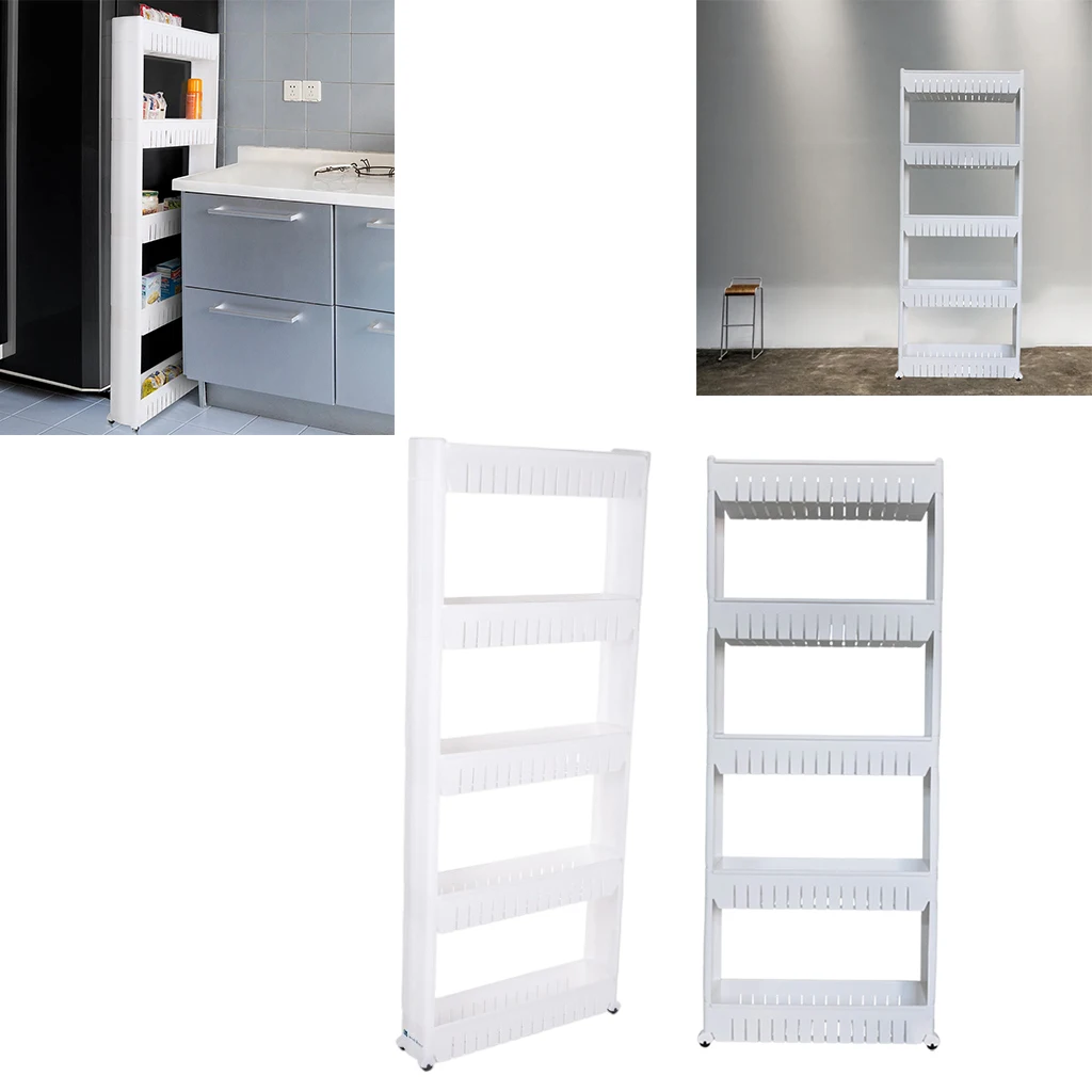 5 Tier Slim Storage Cart Mobile Shelving Unit Organizer Slide Out Storage Rolling Utility Cart Rack for Kitchen Bathroom