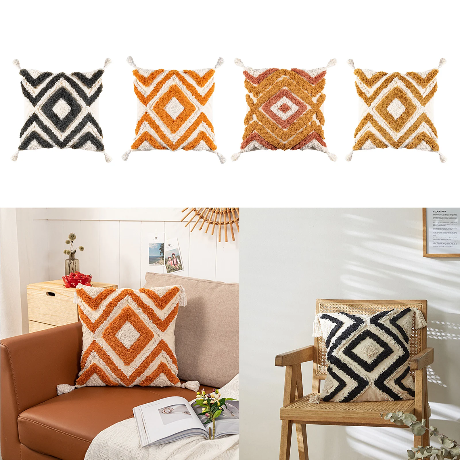 Boho Tassels Pillow Cover Throw Pillow case Cotton Woven Sofa Bed Decor