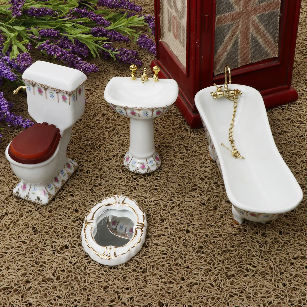 1/12 Dollhouse Mini Furniture Porcelain Bathroom Set Floral Toilet, Bathtub & Basin #2