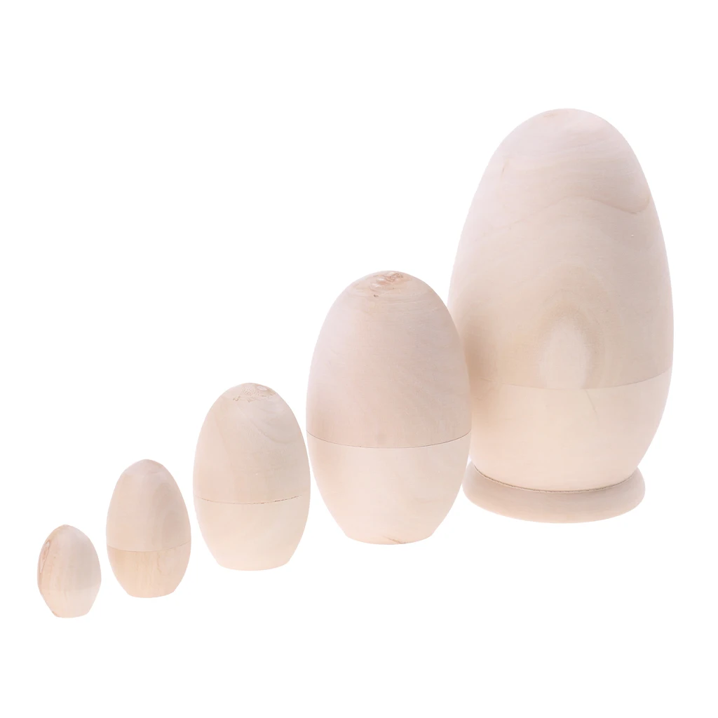 Set of 5 Unpainted Blank Wooden Egg Shape Russian Nesting Dolls DIY