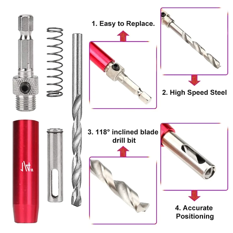 8Pcs Self Center Hinge Drill Bits, Tapper Core Screw Hole Puncher with Hex Shank for Wooden Doors, Cabinets, Windows wall mounted woodworking bench