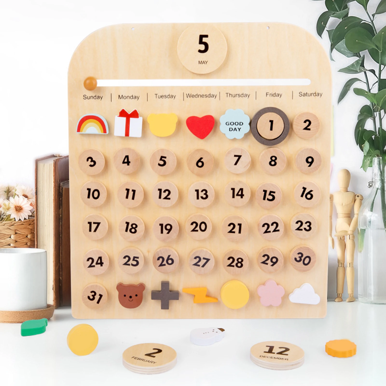 Solid Wood Desk Wall Calendar Date Days Weather Montessori Calendar Family Time for Kids Preschool Educational
