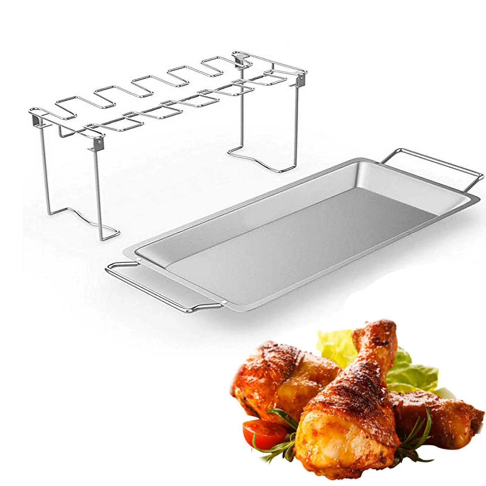 Folding Chicken Leg & Wing Holder Rack Grill Stand Roasting BBQ Steel Outdoor Grill with Drip Tray for Smoker Grill or Oven