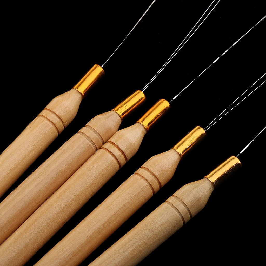 5 Pack Hair Extension Wood Handle Loop Needle Threader Feather Hook Tool