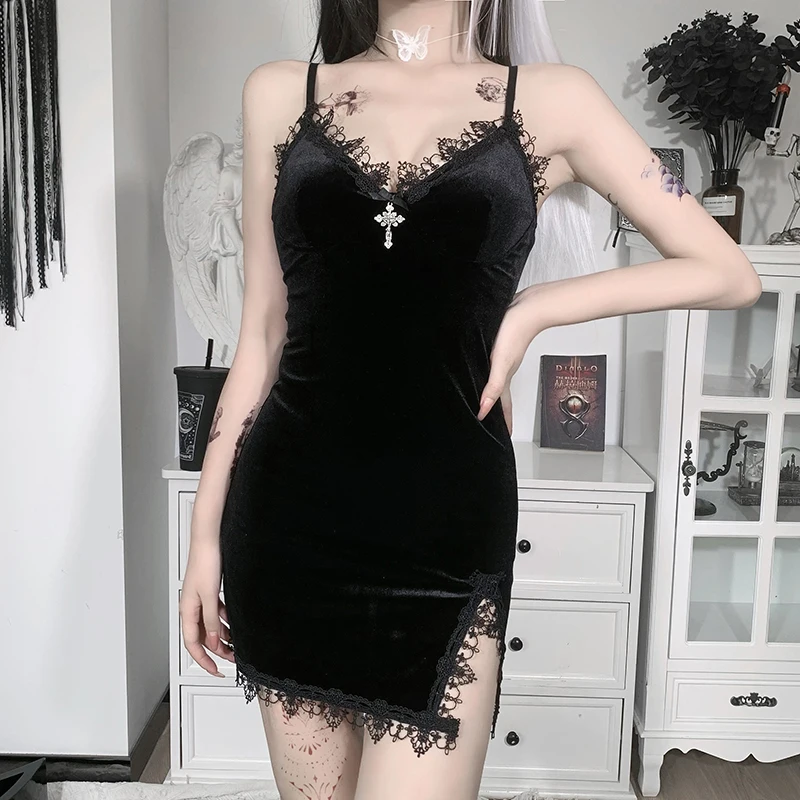 E-girl Cross Lace Trim Black Mini Dress 90s Vintage Spaghetti Strap High Waist Slit Dresses Gothic Grunge Sexy Women Streetwear