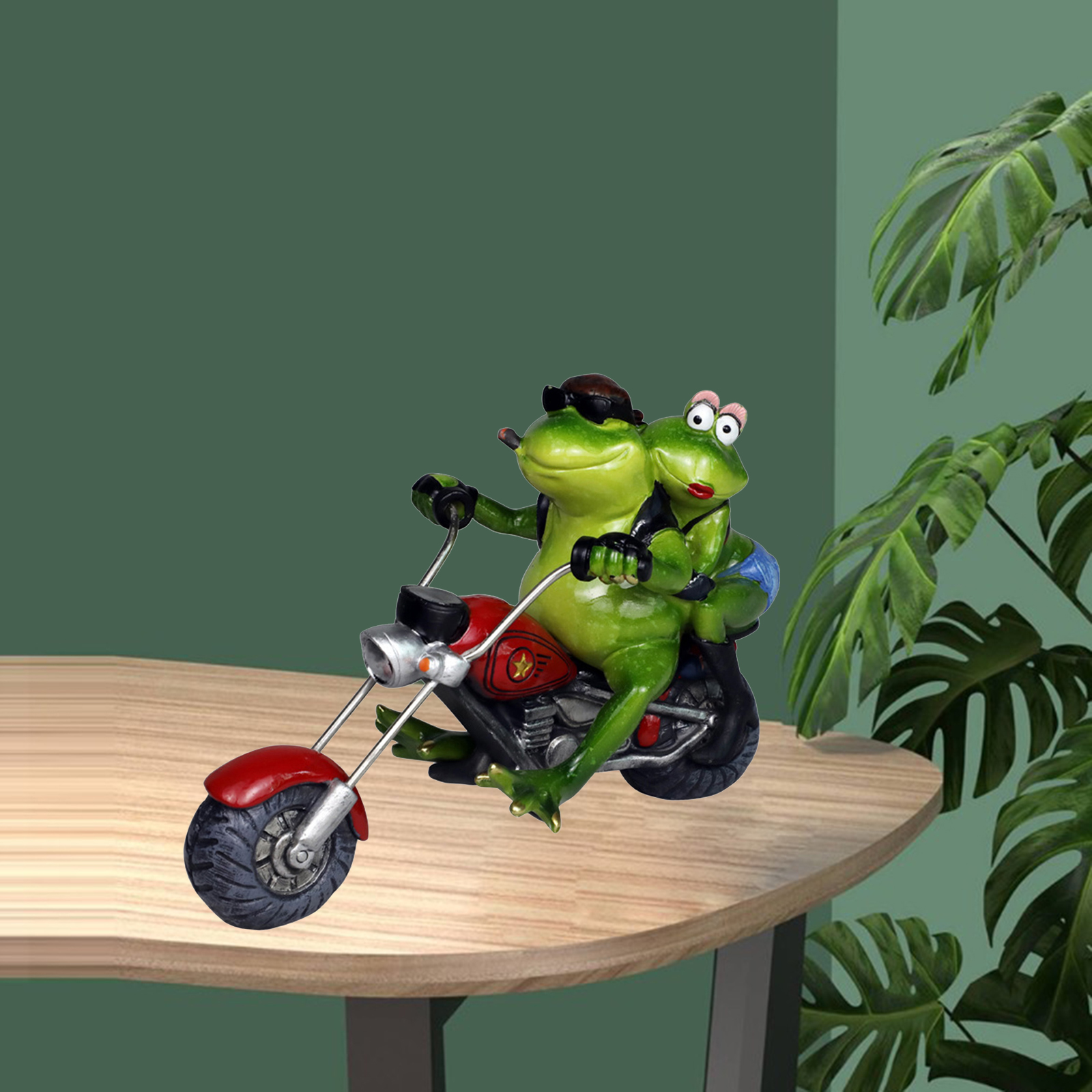 Resin Motorcycle Couple Frog Miniature Figurine Statue Indoor