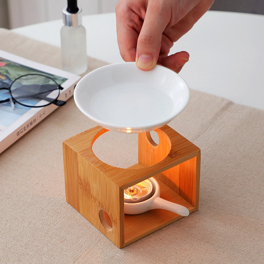 Creative Household Candle Lamp Holder Burner Home Decoration Ceramic Aroma Oil Candle Holder Wooden Base