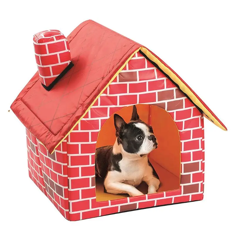 cdhgsh Warm Indoor Soft Dog Kennel with Chimney Pet Large House Simulation Brick Doggy Brick Dog Kennel Red
