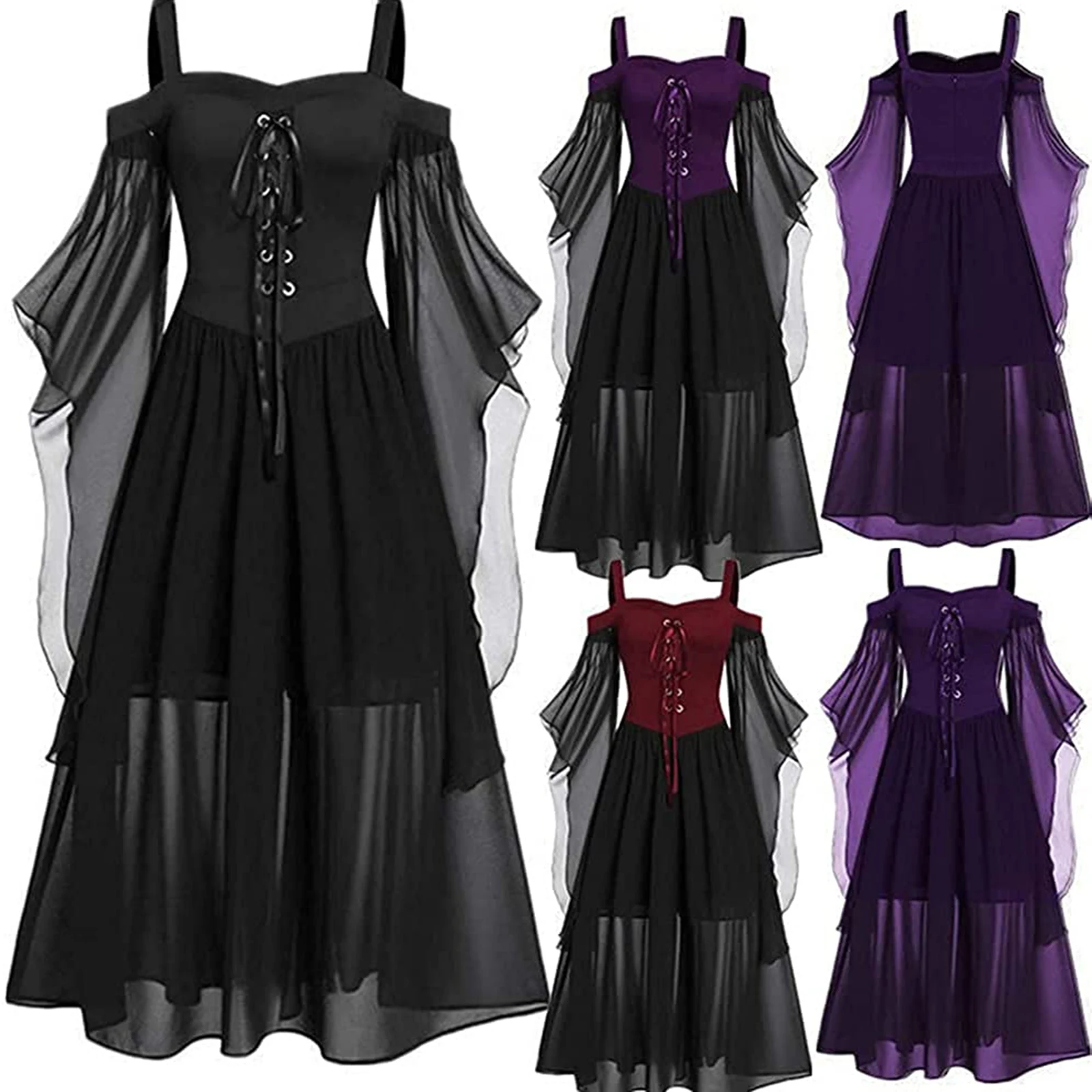 Women's Halloween Witch Cosplay Costumes Gothic Off Shoulder Lace-up Bandage Mesh Sheer A-line Long Cami Dress Party Wear long dress