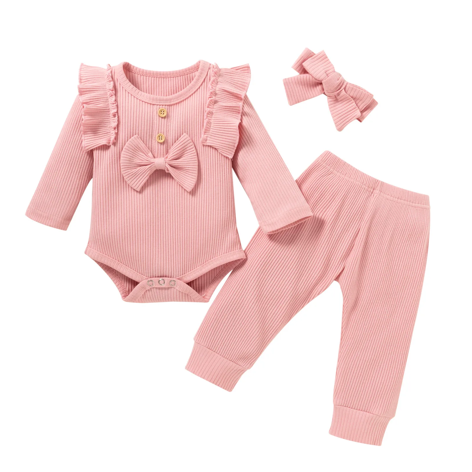 Baby Clothing Set best of sale Newborn Infant Baby Girls Solid Ruffled Ribbed Bow Romper+Pants Outfits Set Winter Warm Toddler Baby Girls Smooth Velvet Outfits baby girl cotton clothing set