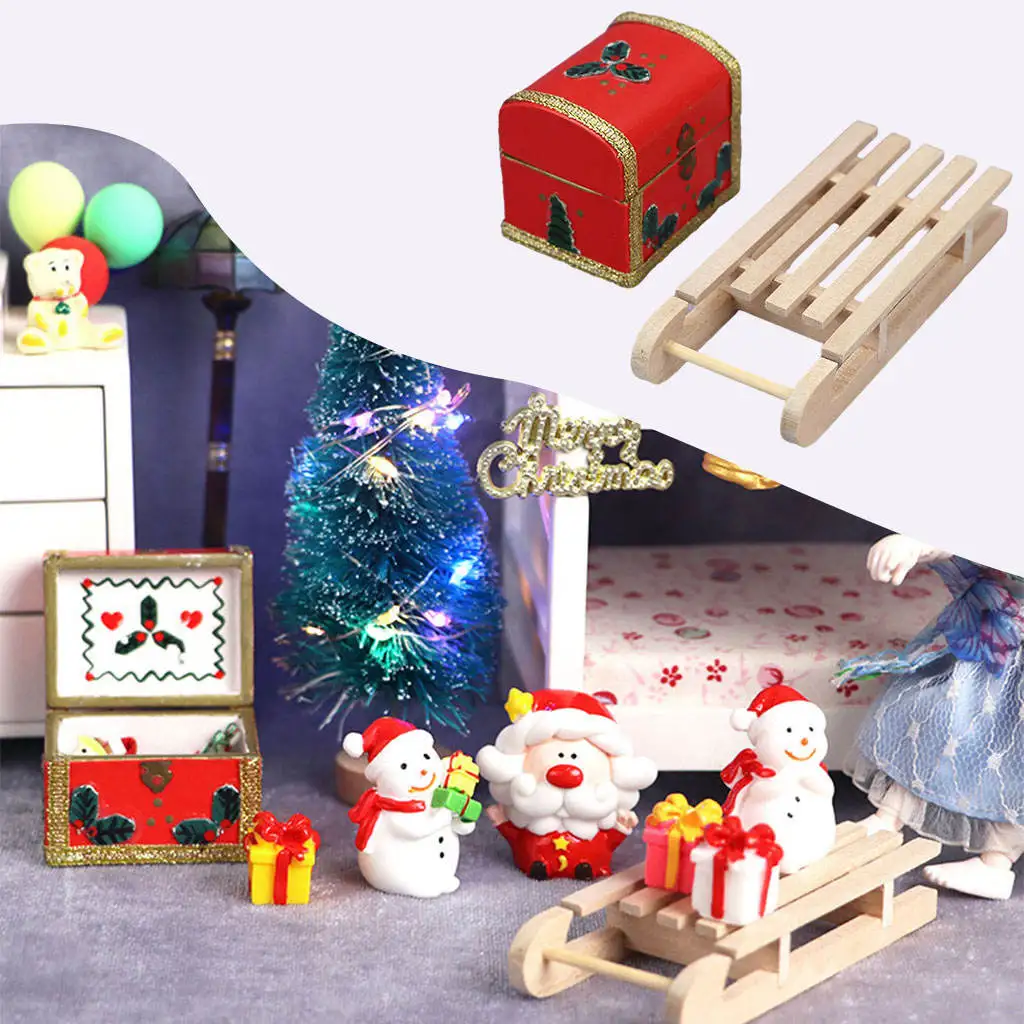 1/12 Dollhouse Decoration Educational Toy Model Workmanship Wooden Sleigh Gift Box for Kids