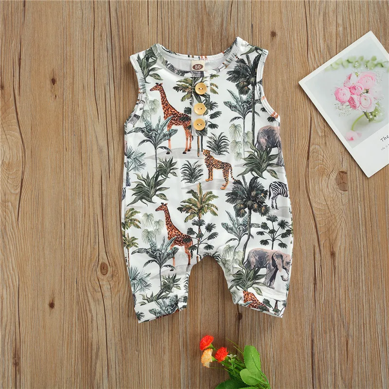coloured baby bodysuits Summer Baby Button Rompers Newborn Sleeveless Toddler Kids Boys Girls Cartoon Animal Tree Print Jumspuits Casual Outfits Costume Cotton baby suit