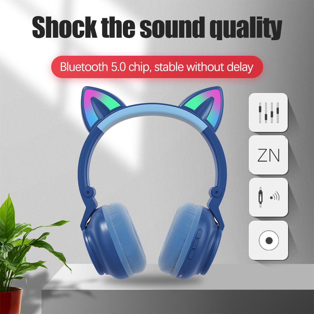 RGB Cat Ear Headphones Bluetooth Earphones LED Light Lightweight Adults Kid Girl Headset for PC Games Online Teaching