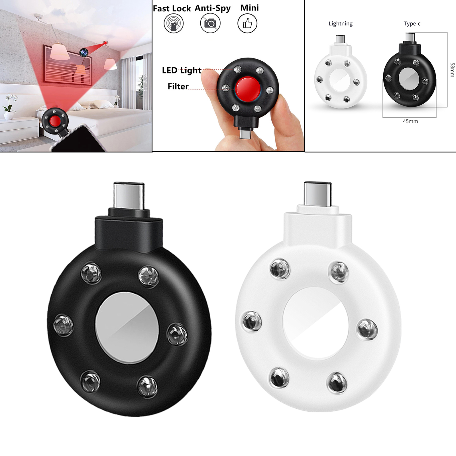 Portable Camera Detector Invisible Camera Finder W/LED Lights for Travel Hotels Bathrooms, Easy to use: No settings, no buttons