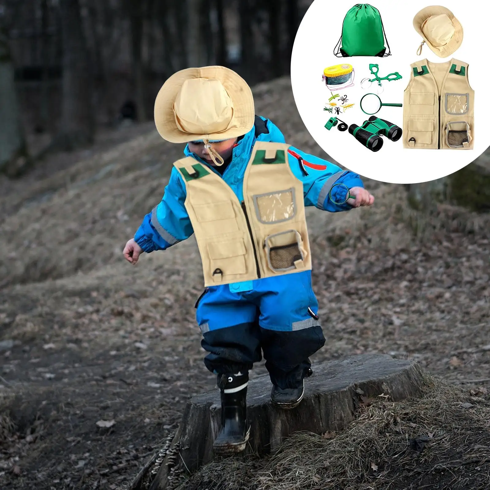 Durable Outdoor Adventure Kit Cargo Vest Hat Set 530 Telescope Magnifying Glass Camping Toys for Camping Hiking Backyard Kids