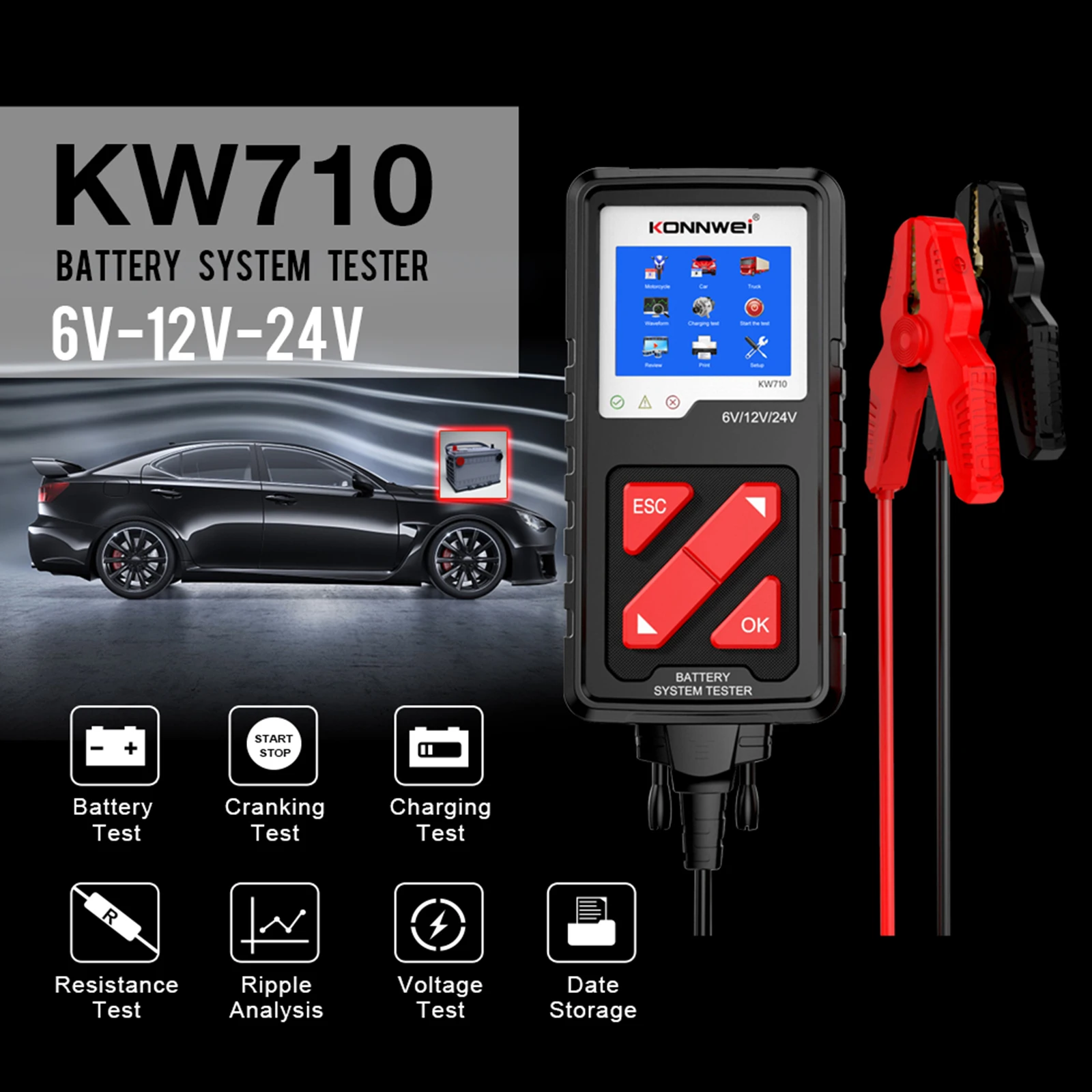 Battery Tester KW710 6V 12V 24V Cranking and Charging System Tester Car Battery Diagnosis Tool for Car Tester Tool