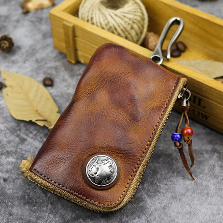 Original Leder Schlüsselmappe für Herren, kurz, Vintage, handgefertigt, Reißverschluss, Autoschlüsselhalter, Münzgeldbörse, Kartenetui, Tasche, Organizer, Haushälterin – Detail 21