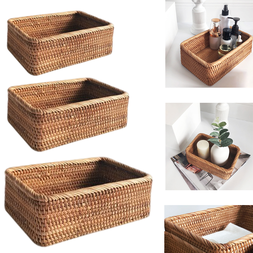 Rectangle Handwoven Bread Basket Wicker Serving Tray Tea Flower Drinks Snack Coffee Table Setting