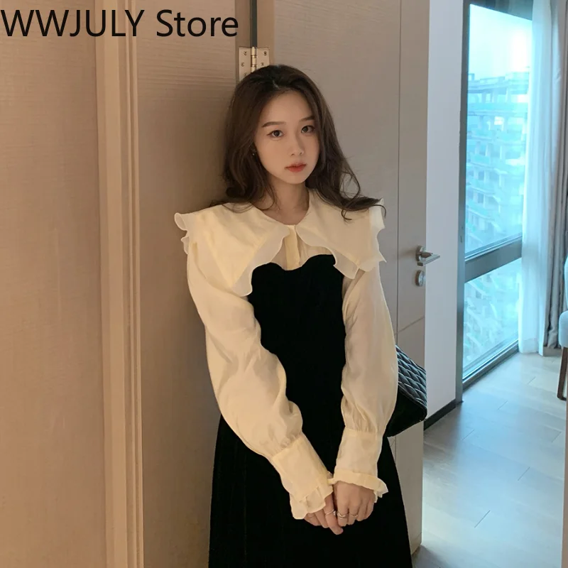 2021 Winter Vintage Midi Dress Women Casual Velvet One Piece Dress Korean Fashion Long Sleeve Elegant Kawaii Dress Evening Party plus size wedding dresses