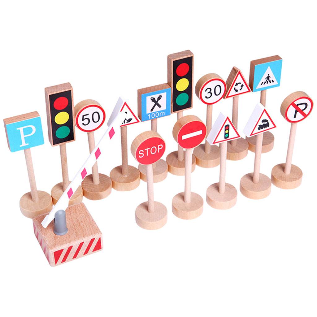 15Pcs Wood Crosswalk Road Sign Traffic Light Stop Light Signal Lights Practical Skills Birthday Party Pretend Play Toys
