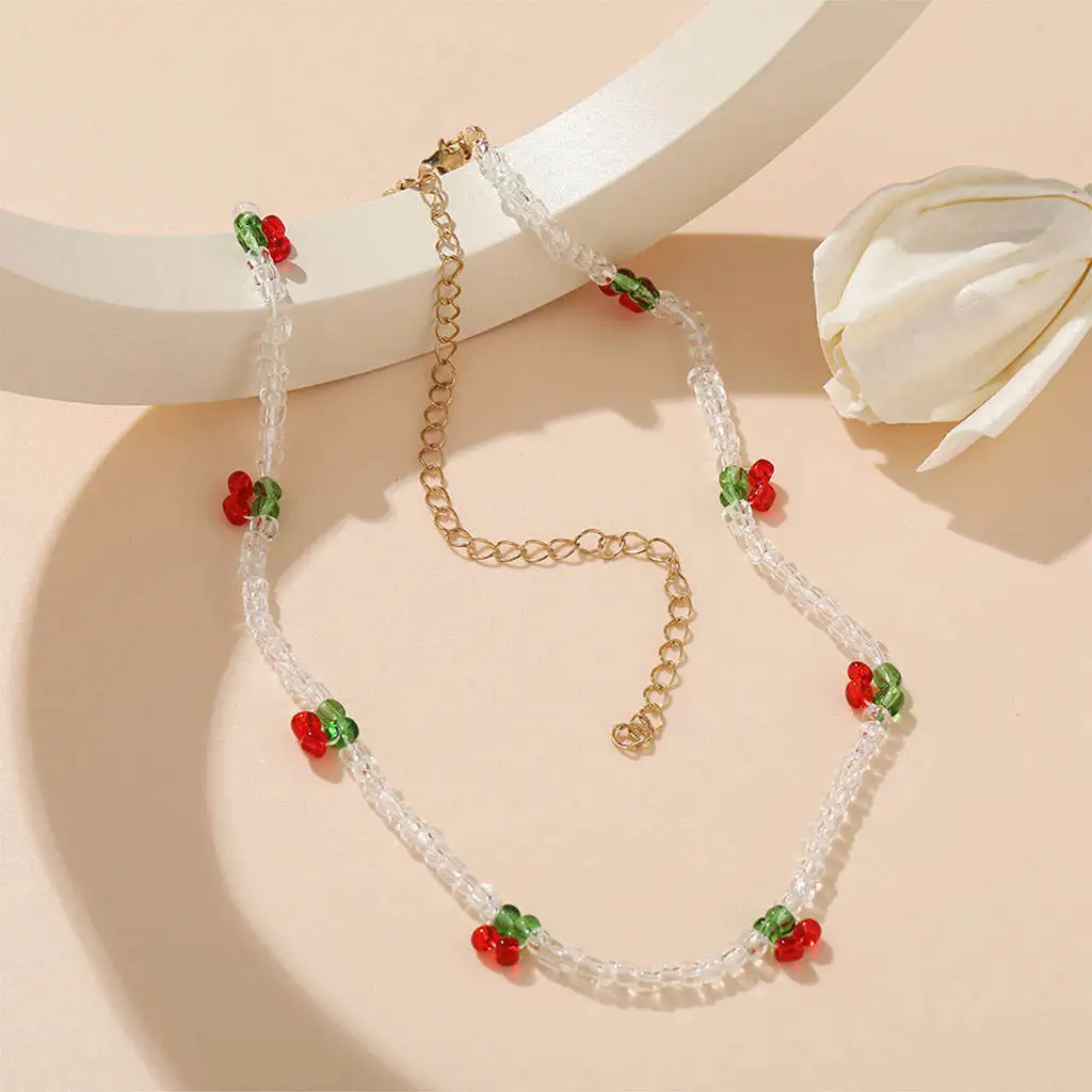 Sweet CHERRY Necklace Choker for Ladies Summer Beach Teens Summer Fruit Party Jewelry