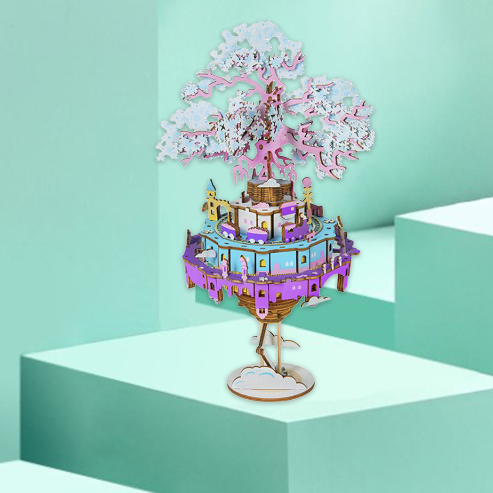 3D Wooden Puzzles DIY City in The Sky Music Box Fun and Educational Model Toys, Birthday Gift for Kids Boys and Girls