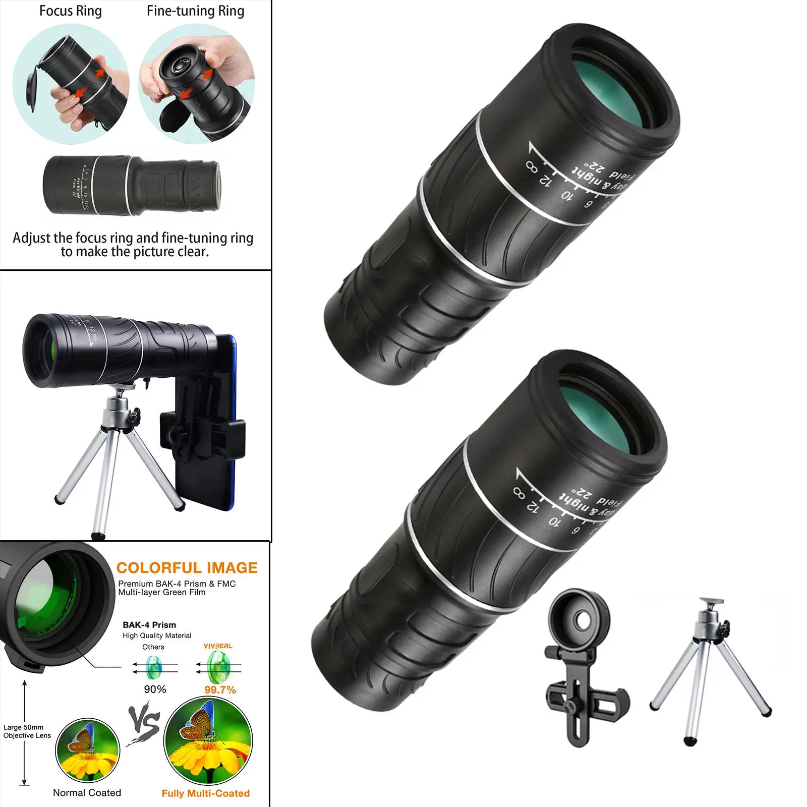 40X60 HD Monocular Telescopes Night , Bak4 Prism and Fully Multi-Coated Lens