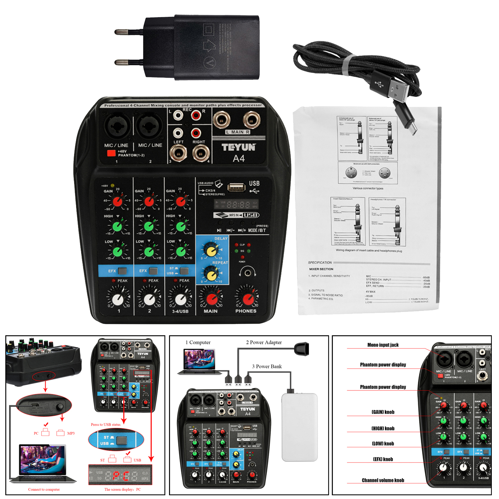 1pc Portable 4 Channel Digital DJ Sound Mixing Console System MP3 Jack 48V Amplifier AUX Paths for Studio Streaming
