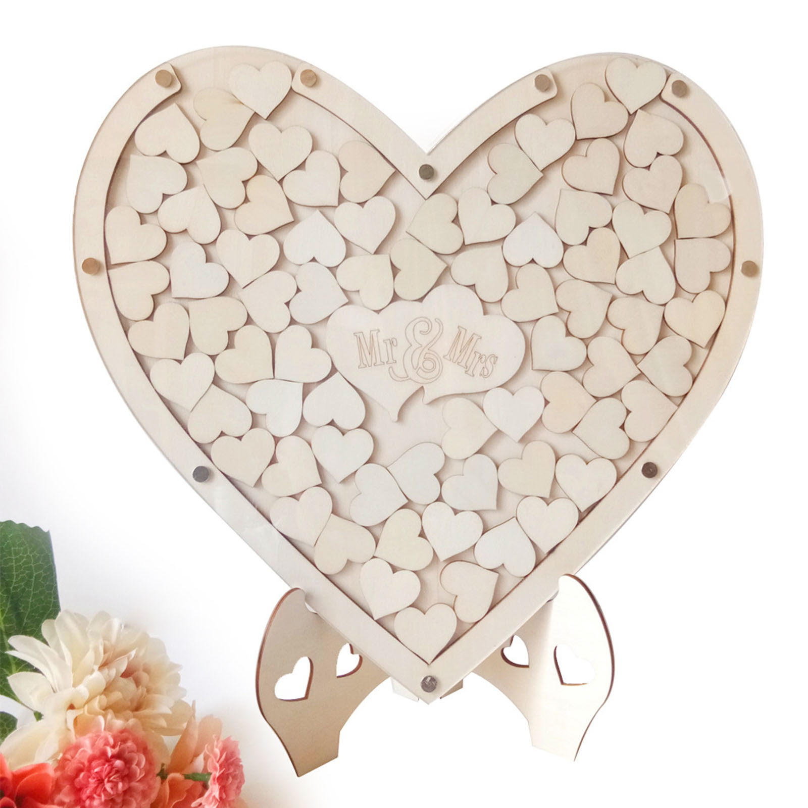 Wedding Guest Book Personalized   Sign Book with 75pcs Boxwood Blank Hearts Rustic Wedding Guestbook