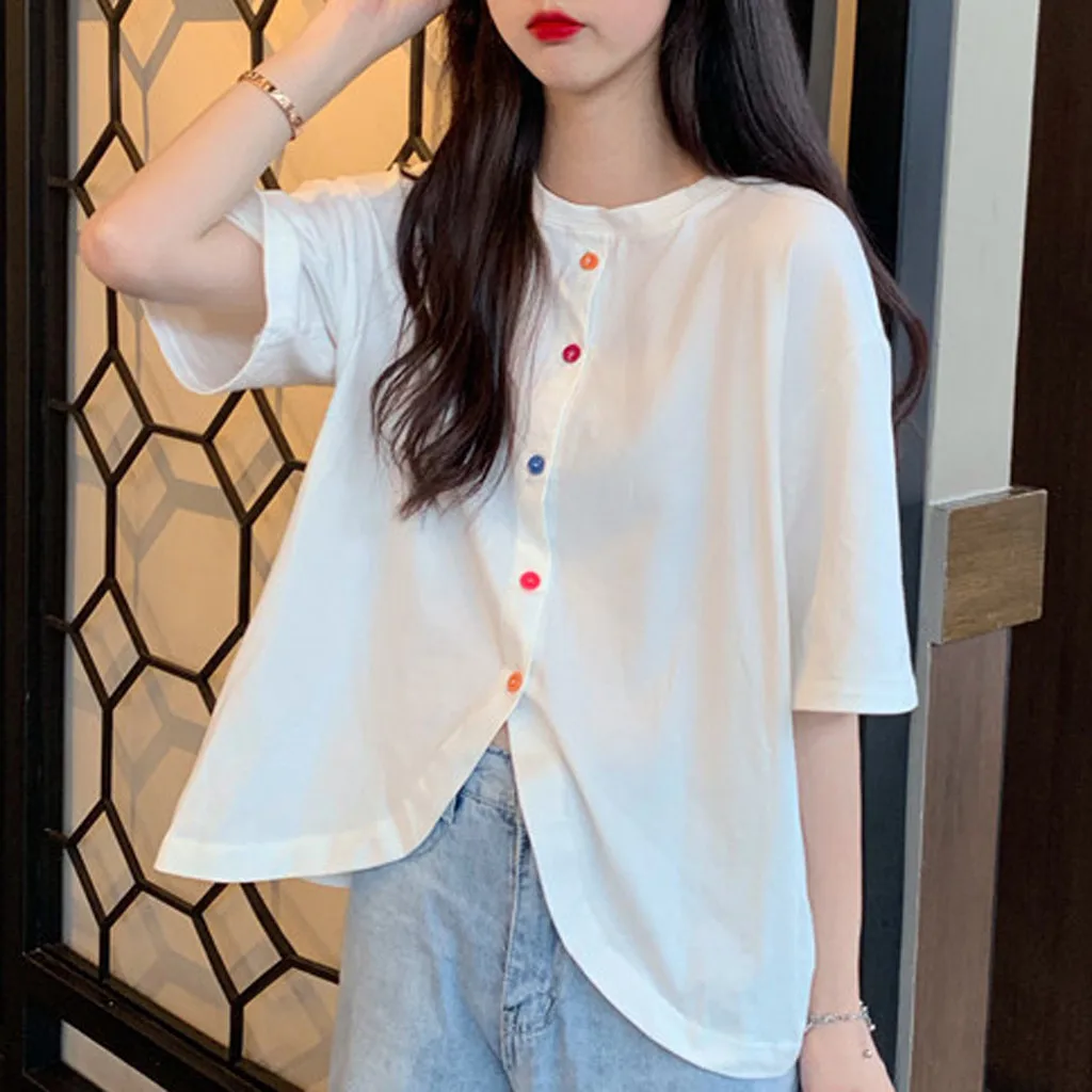 40#Women's Retro Blouses Loose Color Button O-neck Short Sleeve Shirt Irregular Spring Elegant Top Korean Sweet Blouse блузка womens shirts and blouses