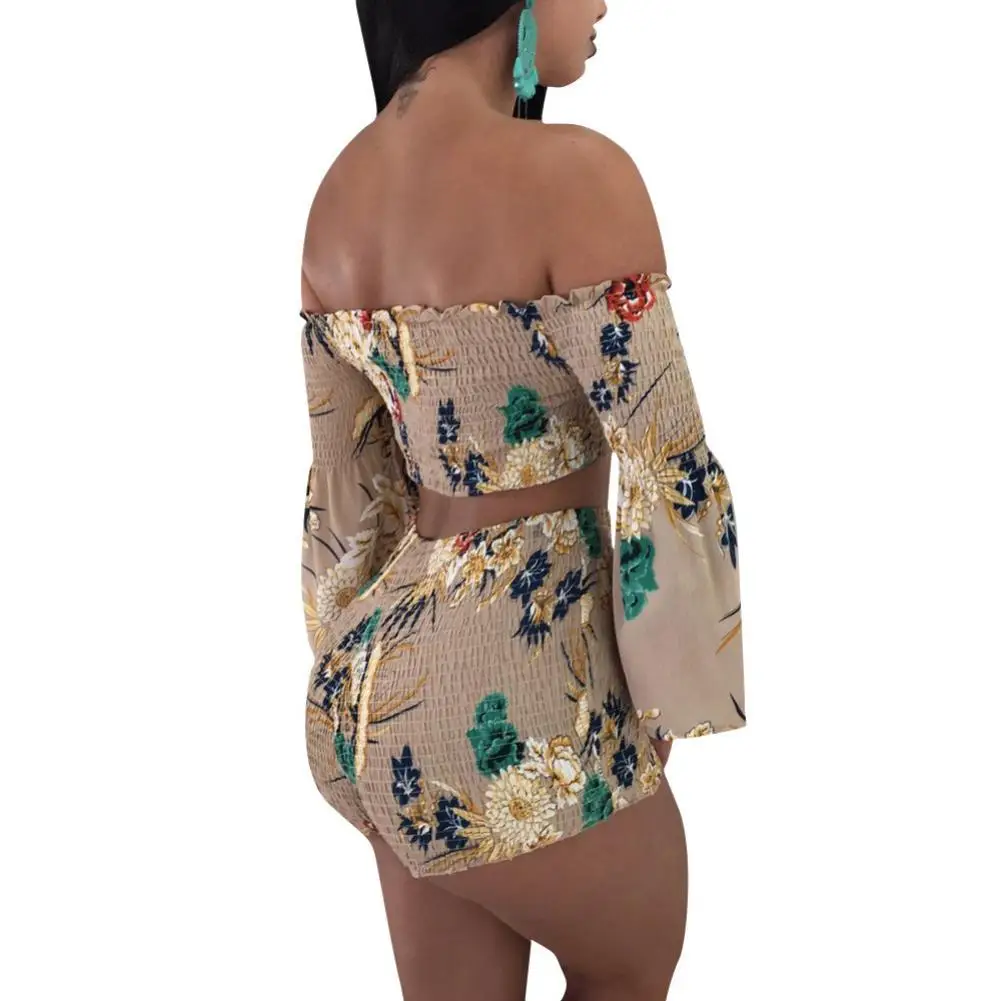 nike running shorts 2Pcs/Set Women Flower Print Pleated Off Shoulder Half Sleeve Crop Top Shorts bermuda shorts