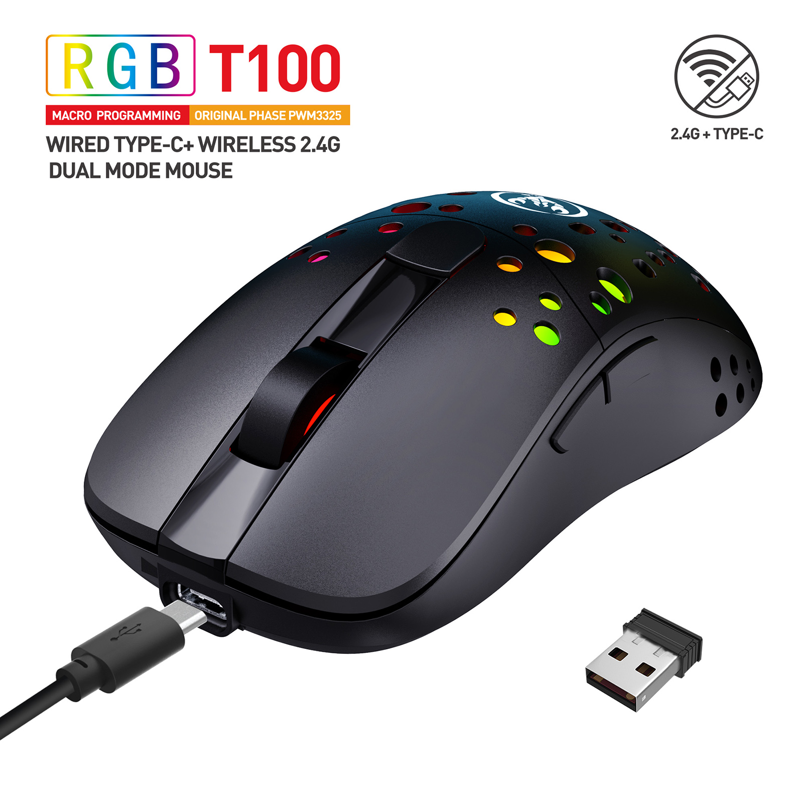 Type-C Wireless/Wired Mouse Dual Modes Rechargeable Gaming Mouse Adjustable DPI up to 10000 DPI for PC Laptop Gamer 550mAh