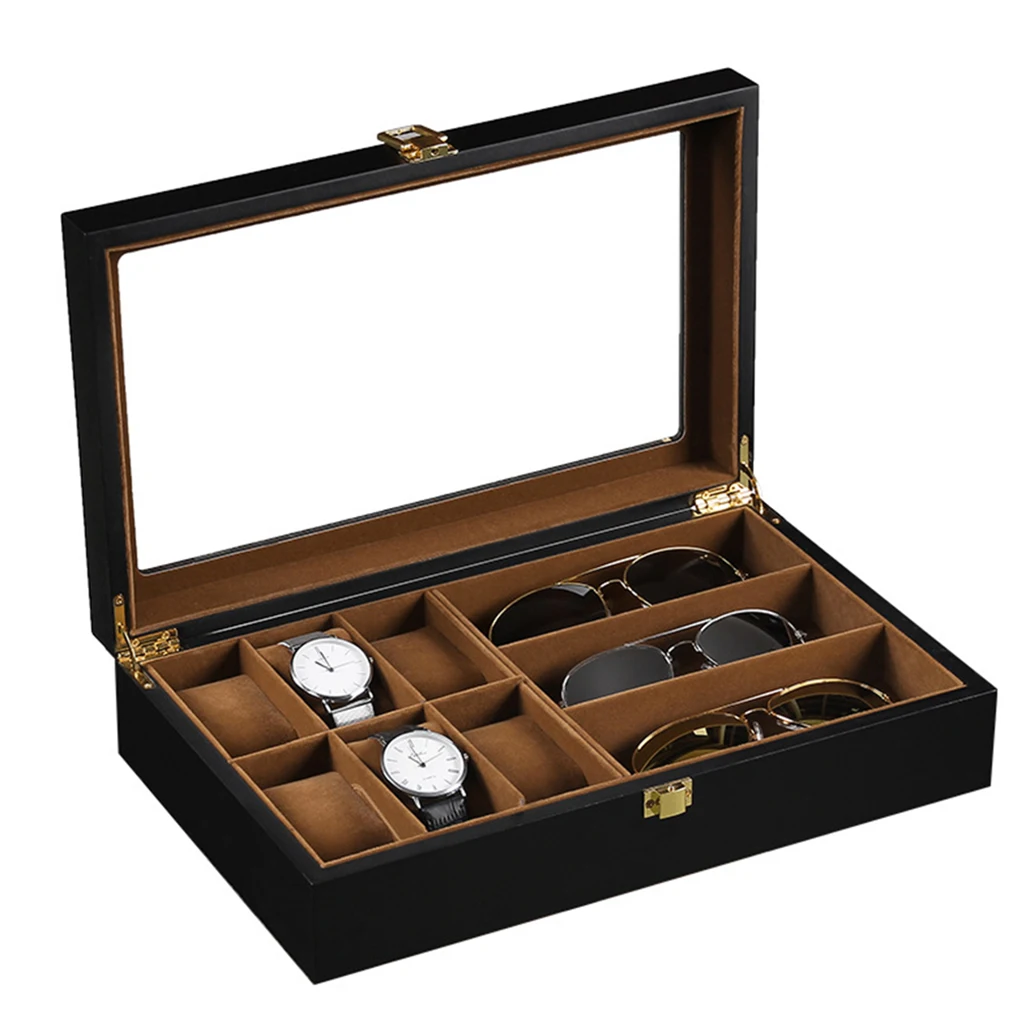 Wood Watch Glasses Storage Box Velvet Jewelry Shop Display Case Organizer