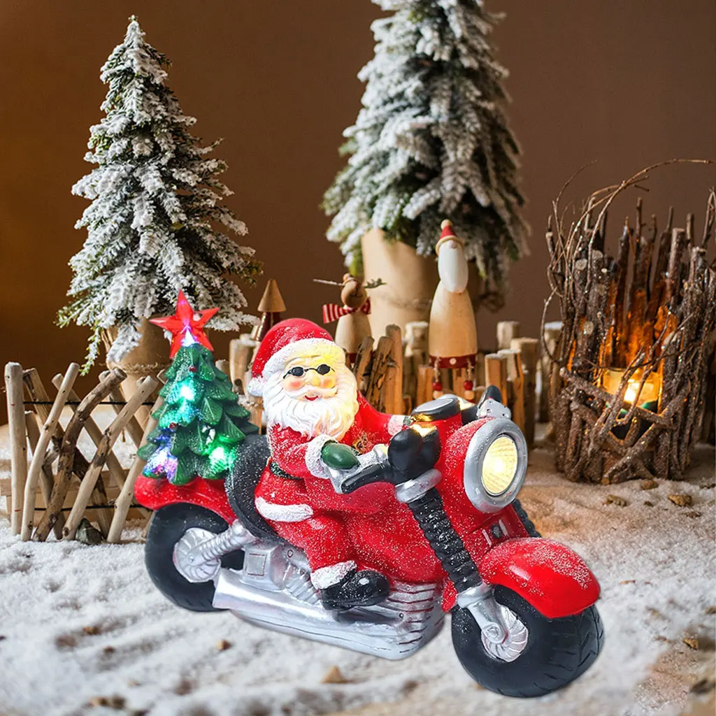 Santa Drives a Motorcycle Figurines Santa Claus Light Decor Garden Gnome Statue for Outdoor Christmas Tree Decor
