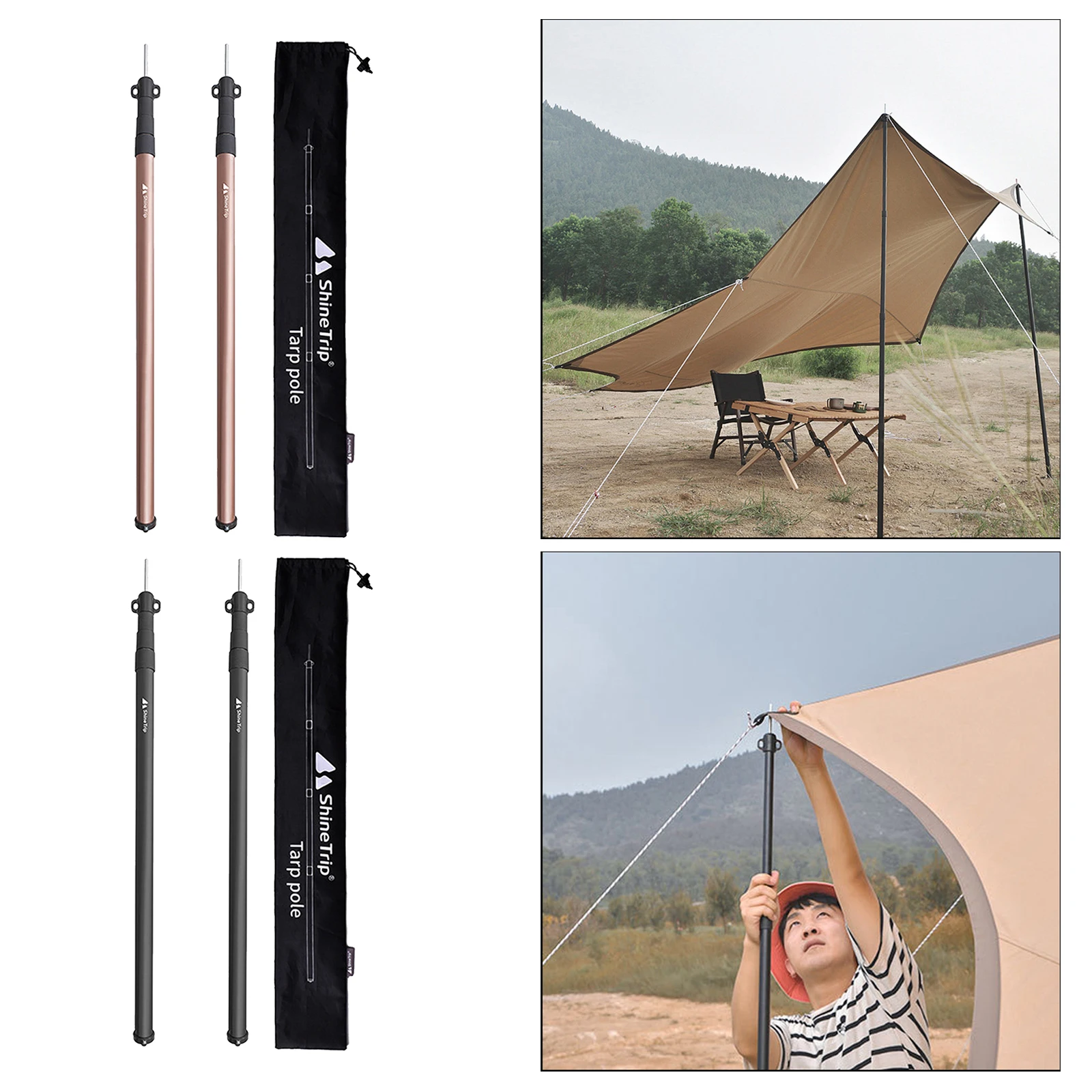 2 Pieces Solid Telescoping Tarp Poles Camping Awning Tent Rod W/ Storage Bag