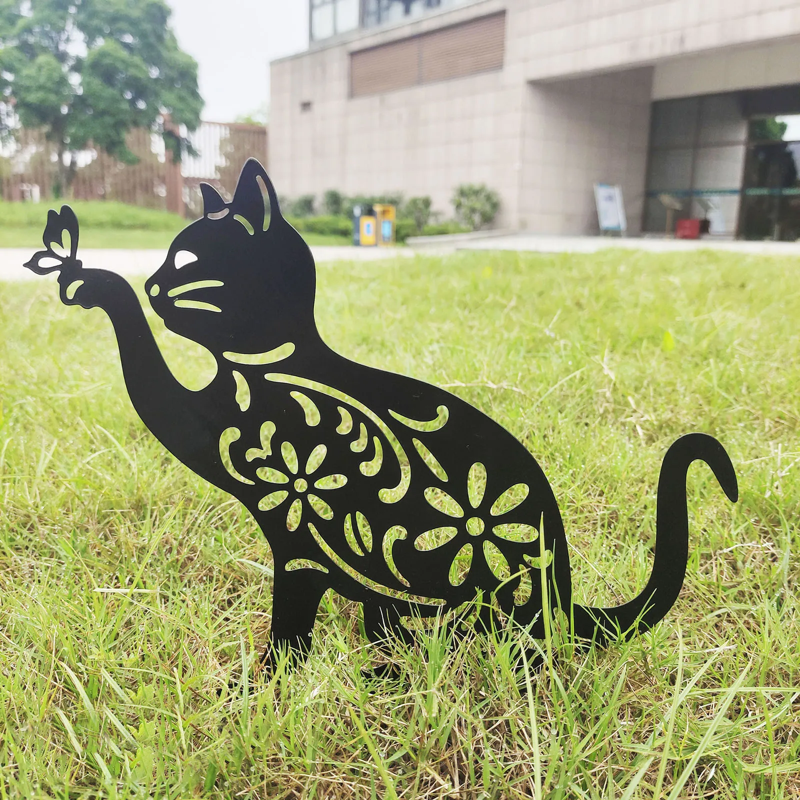 Metal Black Cat Kitty Silhouette Garden Yard Animal Decor Art Stake Lawn Planter 